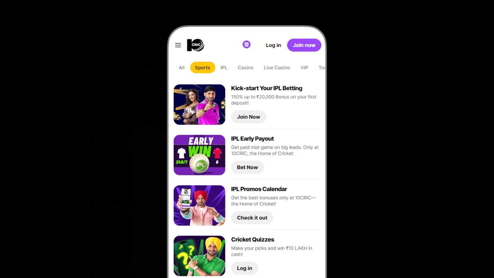 image mobile app sport bonuses 10CRIC india