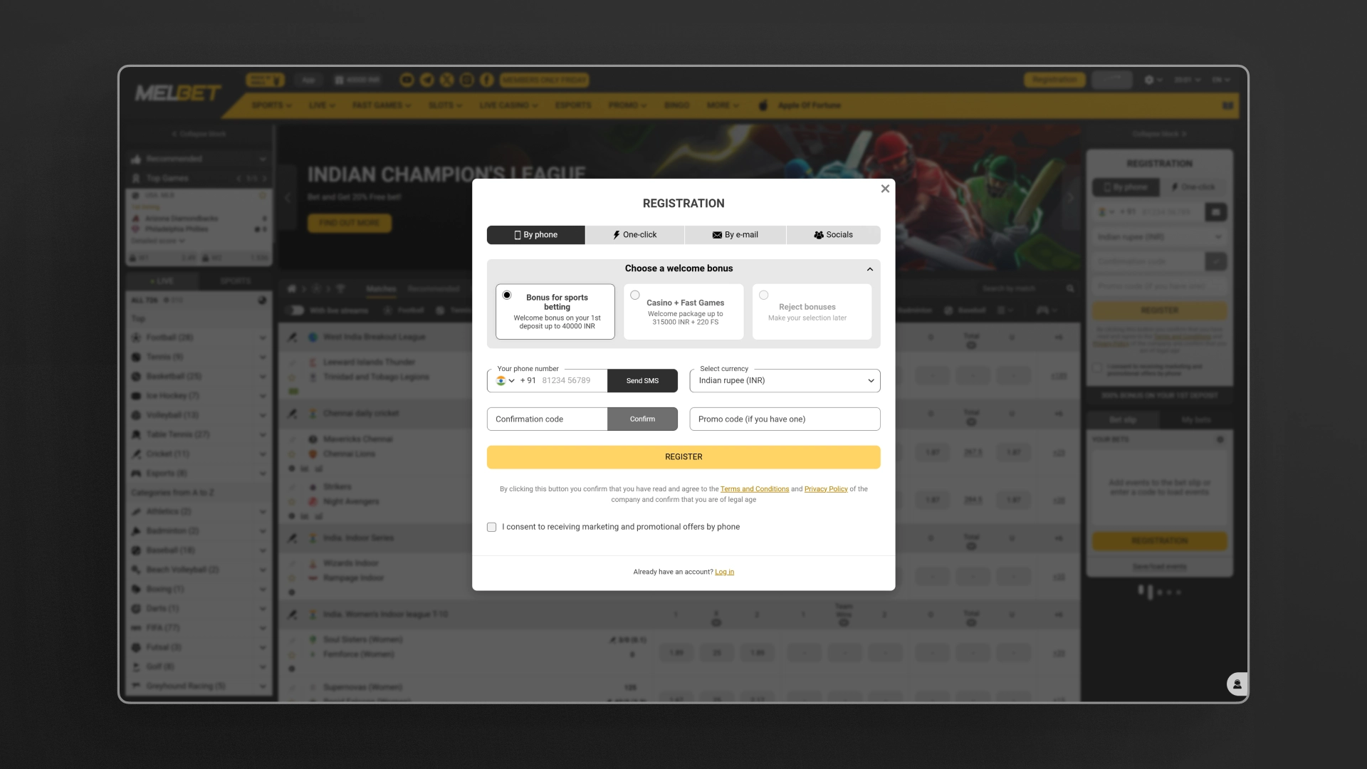 image phone registration Melbet india