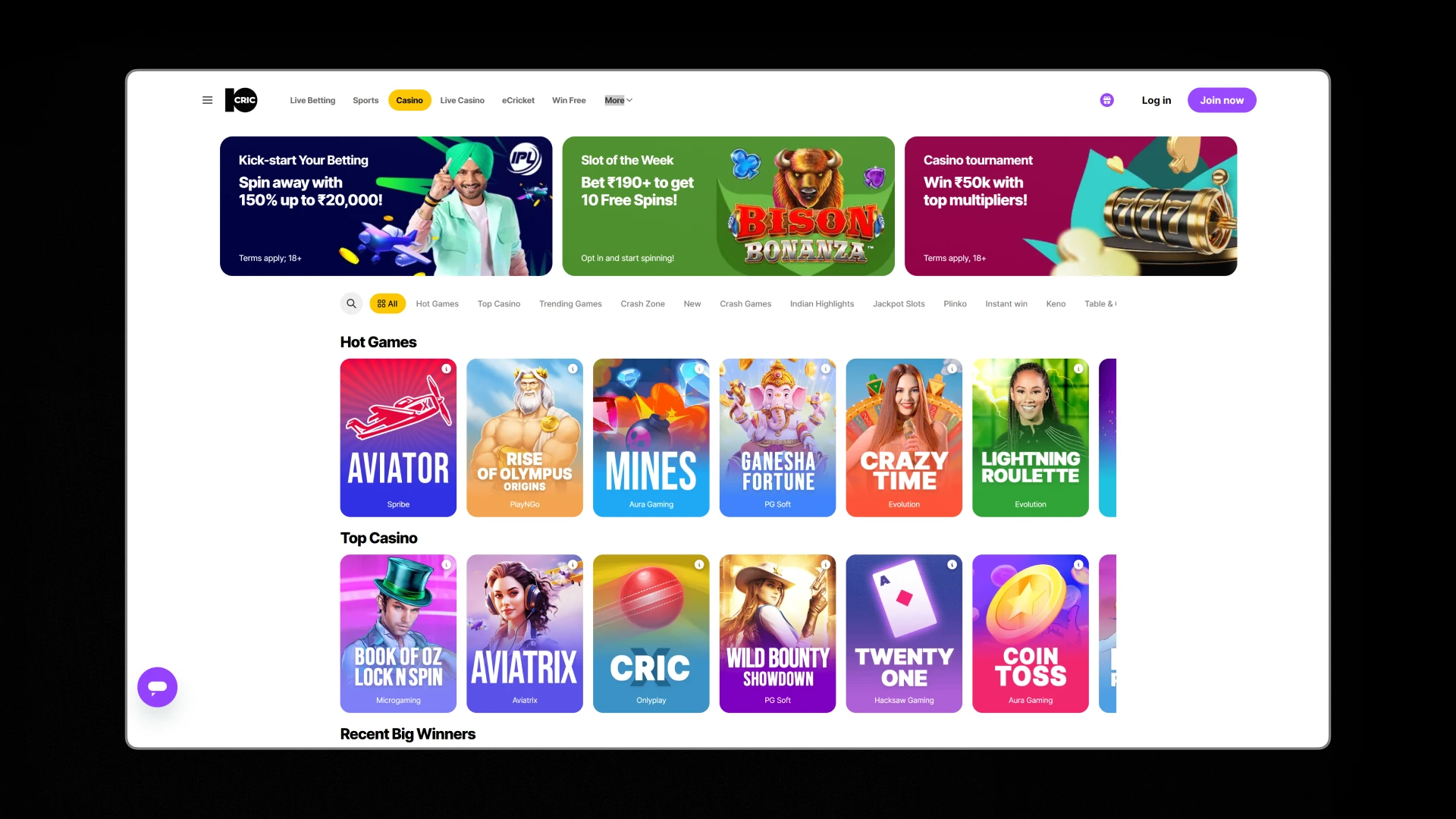 image Casino homepage 10cric india
