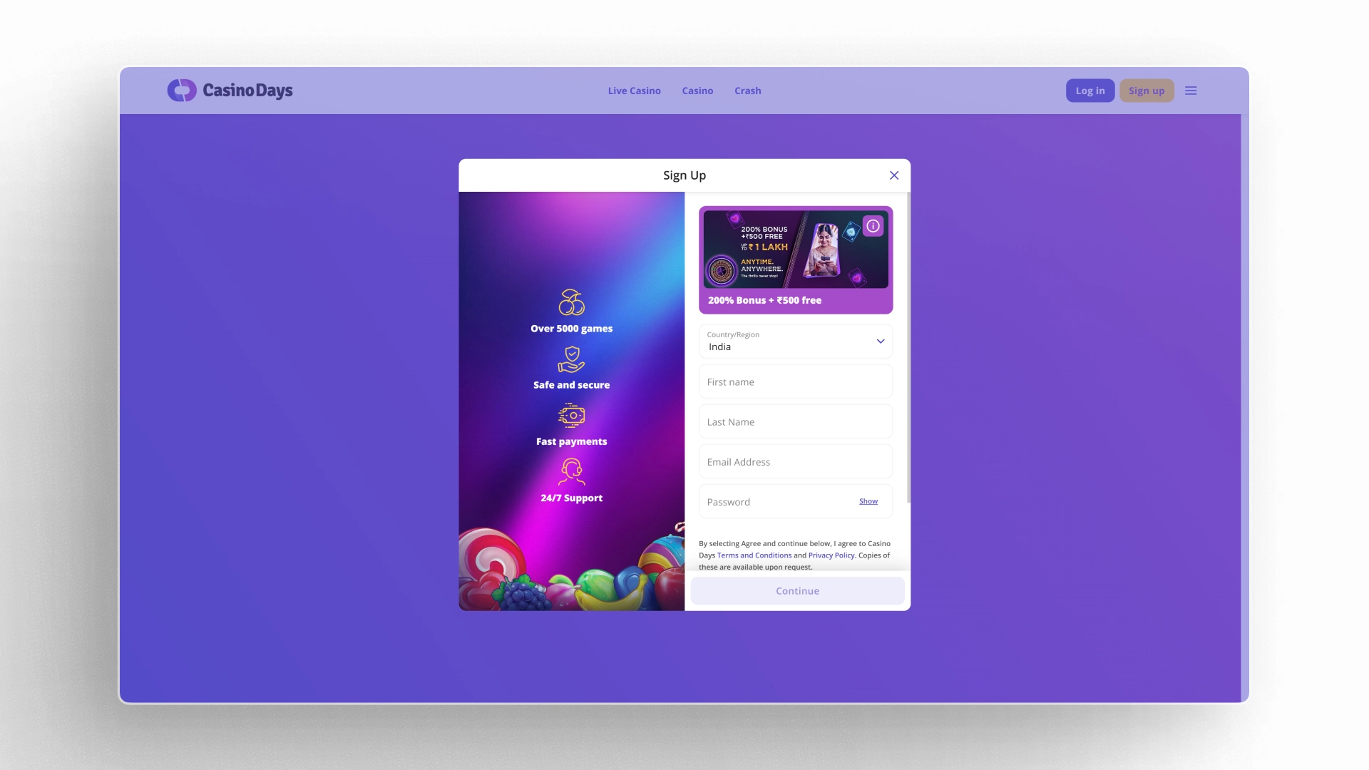 image how to sign up Casino Days india