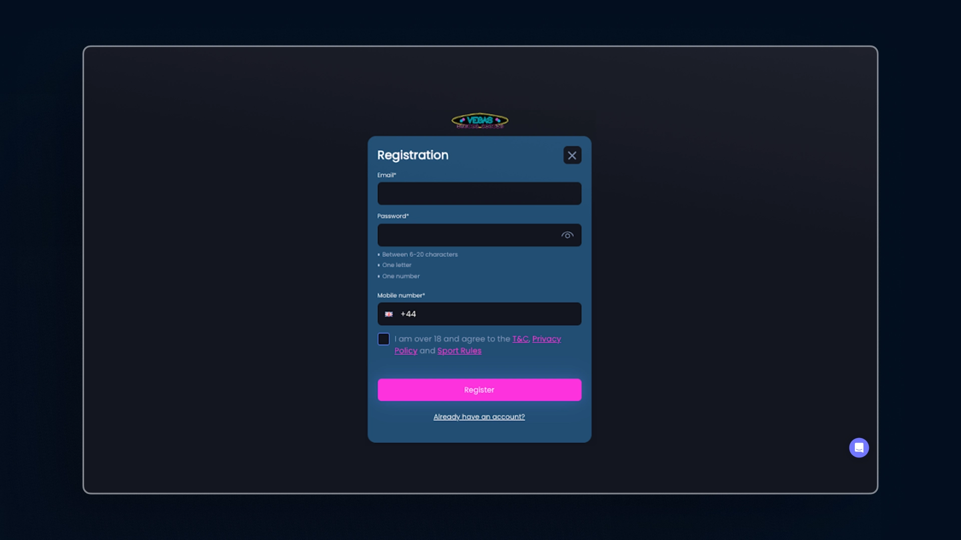 image register Vegas Mobile Casino