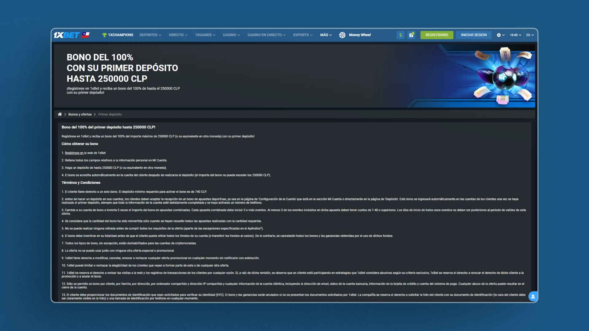 captura de pantalla Bono de bienvenida 1xbet