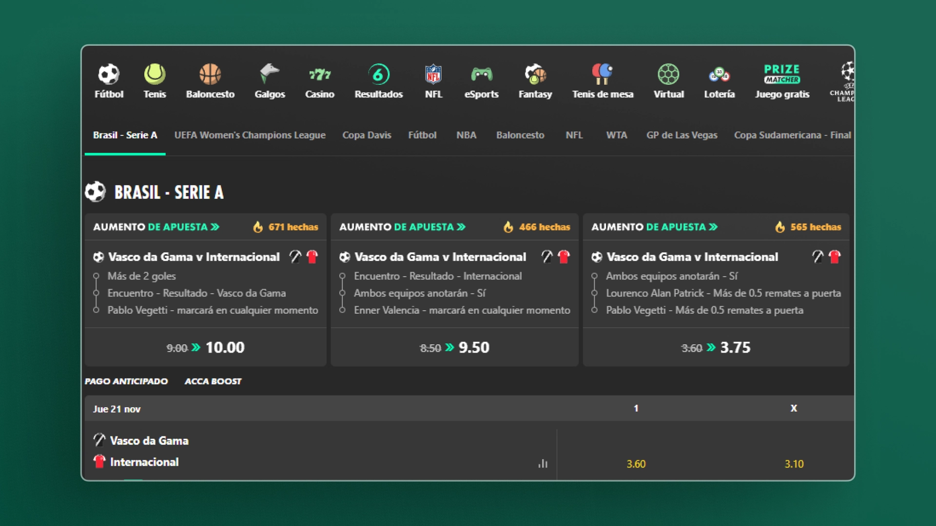 captura de pantalla cuotas de apuestas Bet365