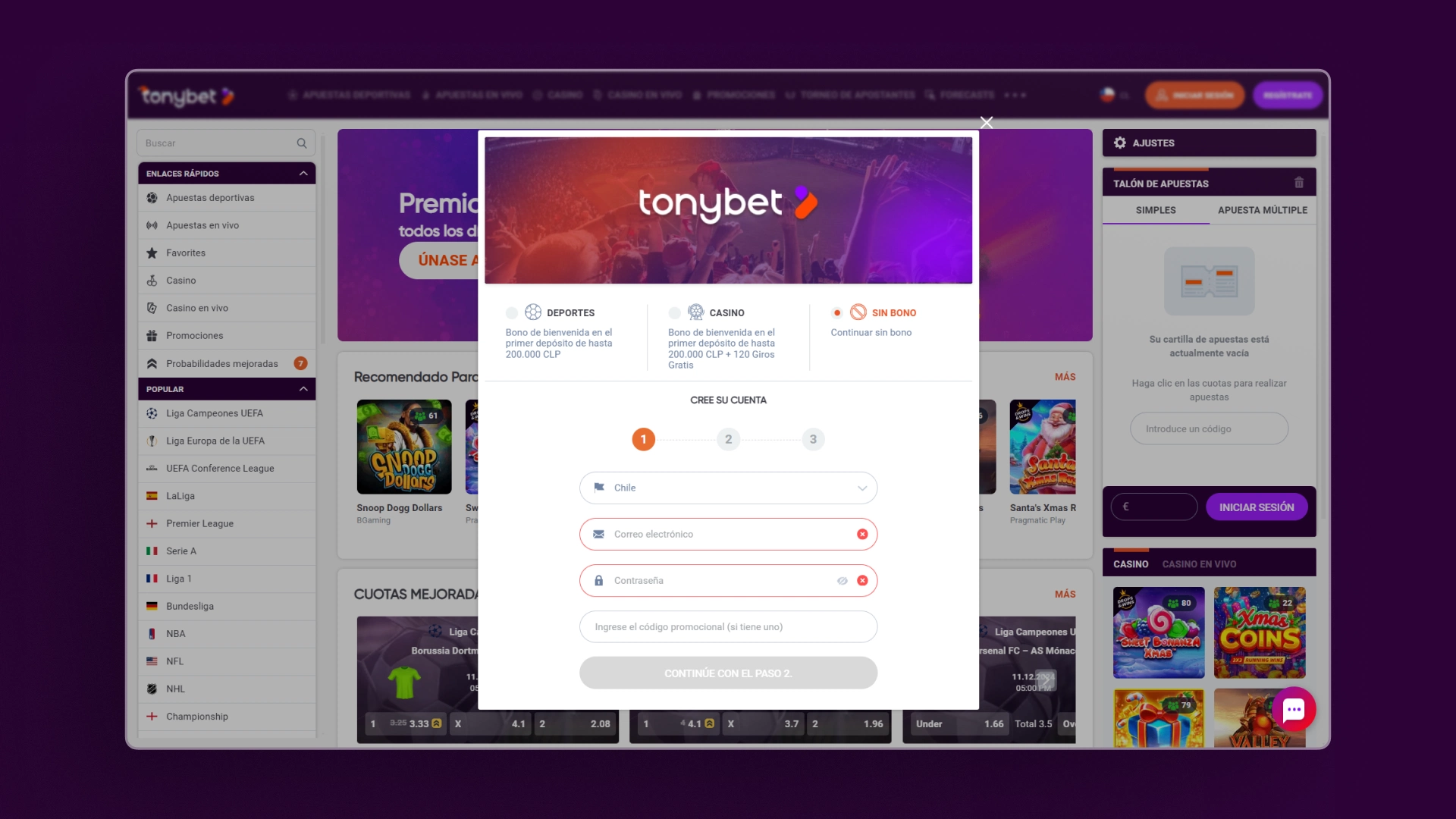 captura de pantalla registro tonybet