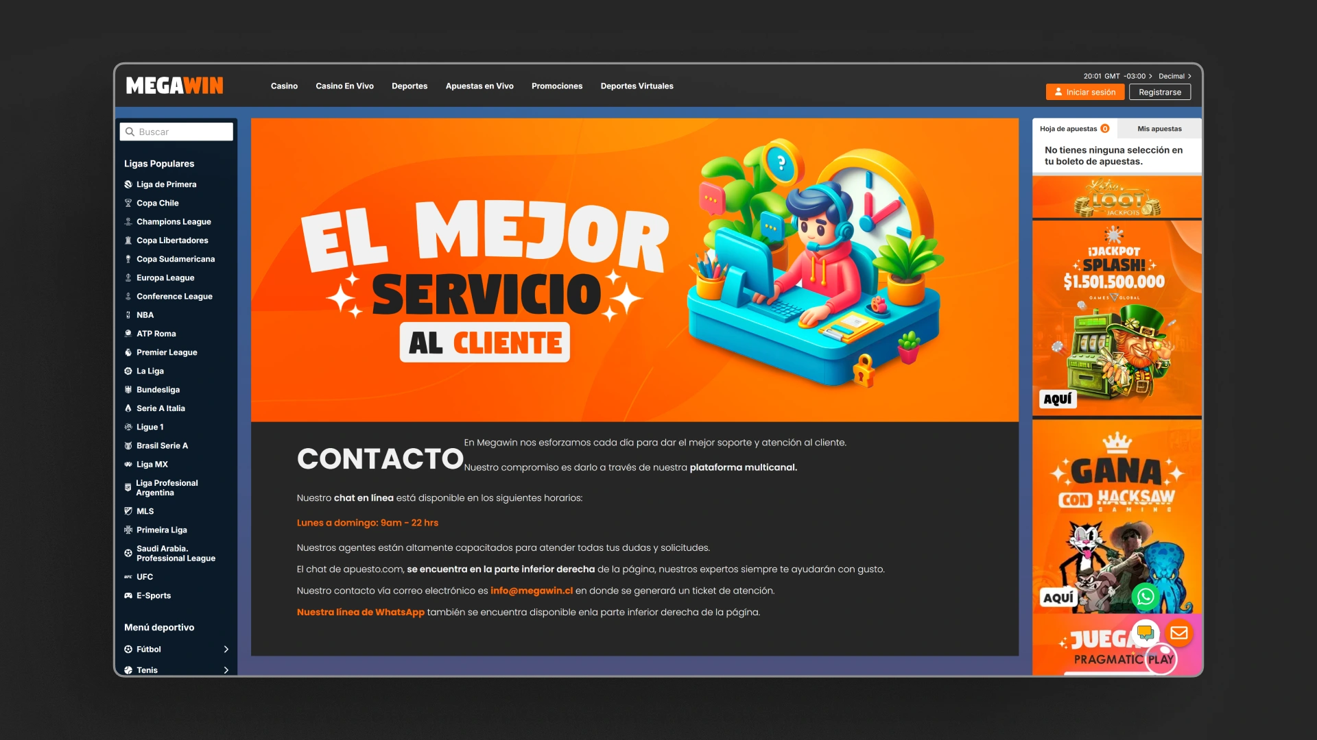 captura de pantalla Atención al cliente MegaWin
