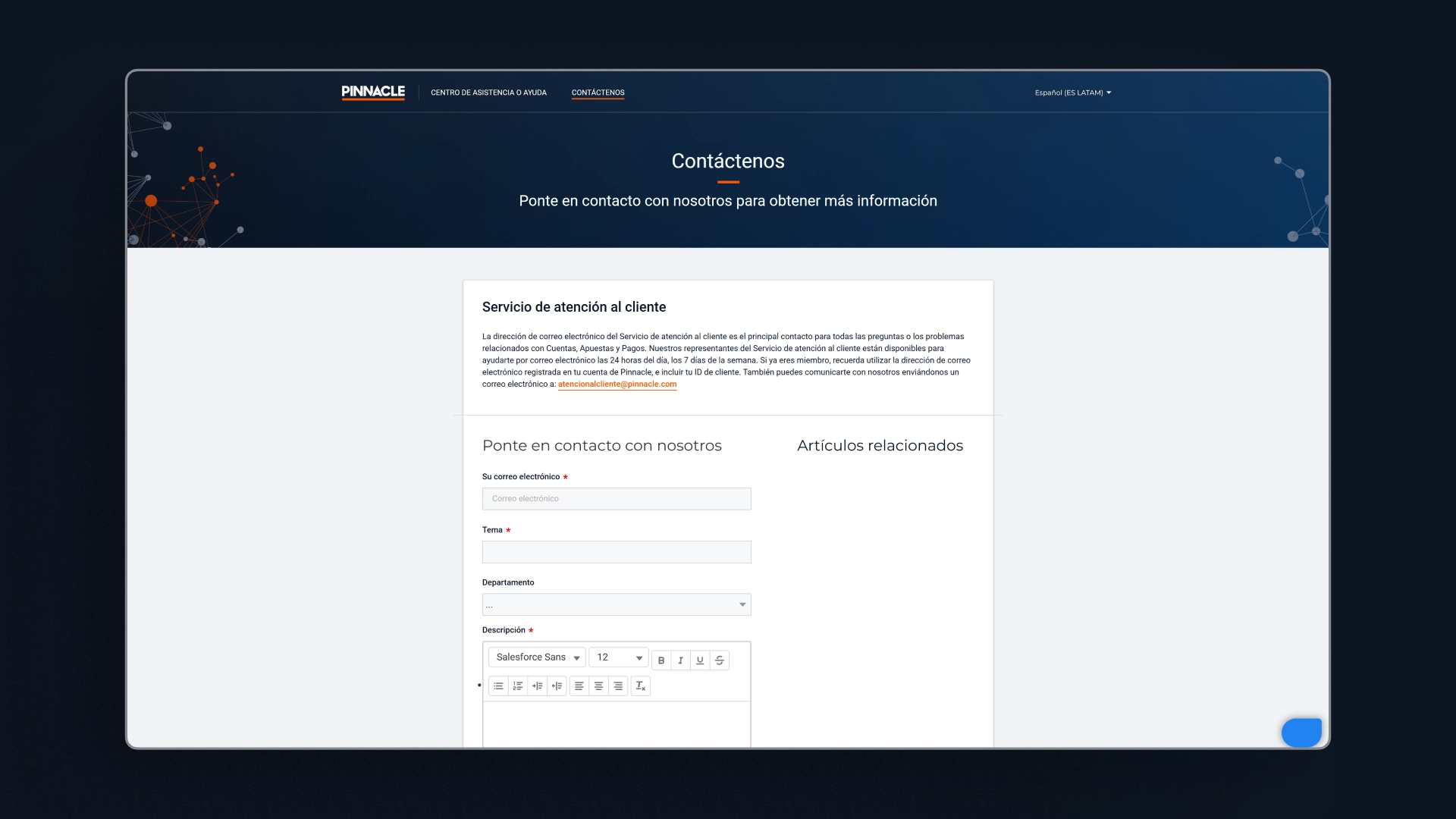 captura de pantalla Atención al cliente Pinnacle