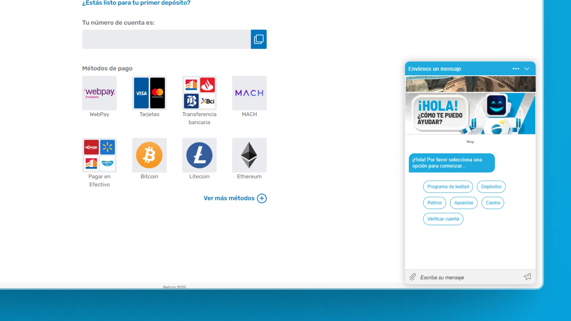 captura de pantalla Atención al cliente betcris