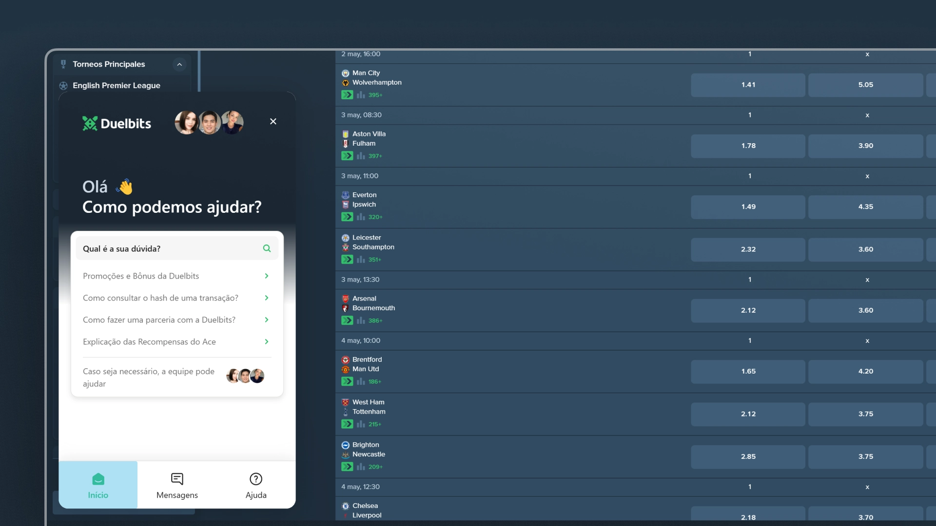 captura de pantalla Atención al cliente duelbits