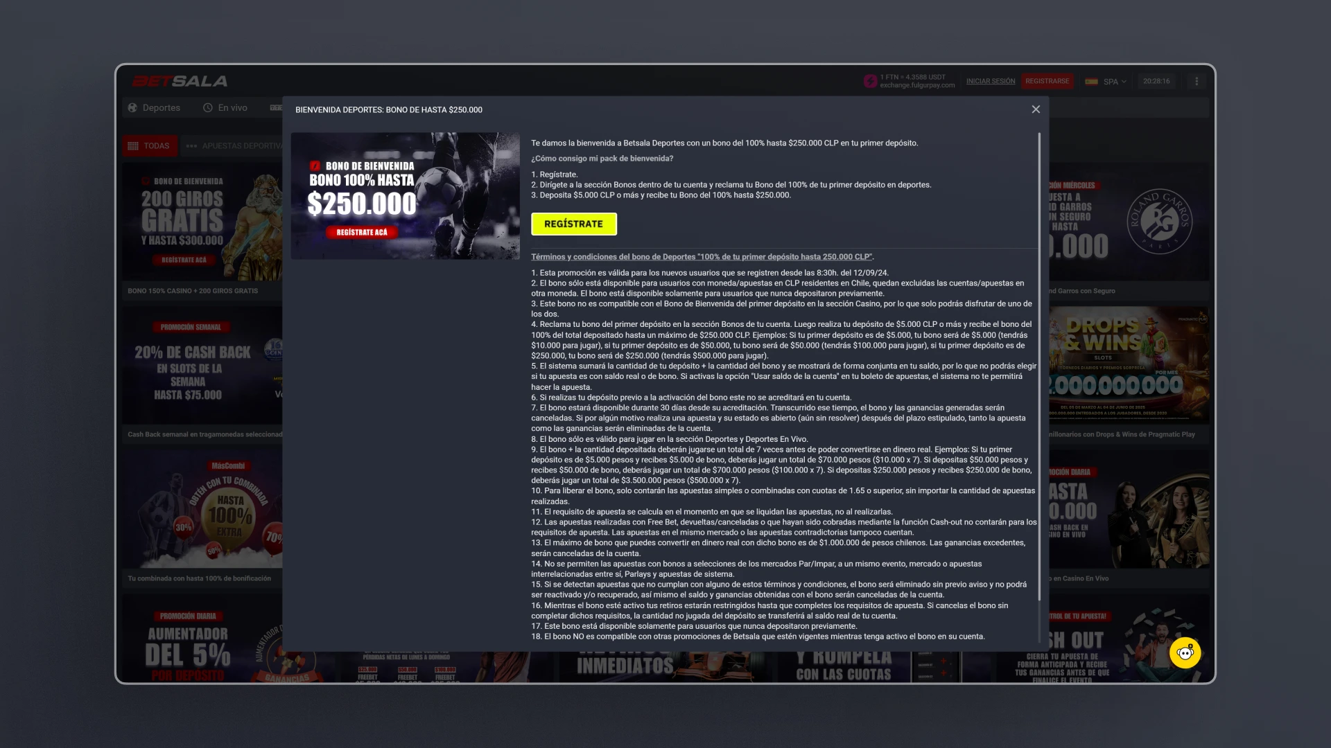 captura de pantalla Cómo activar el bono Betsala
