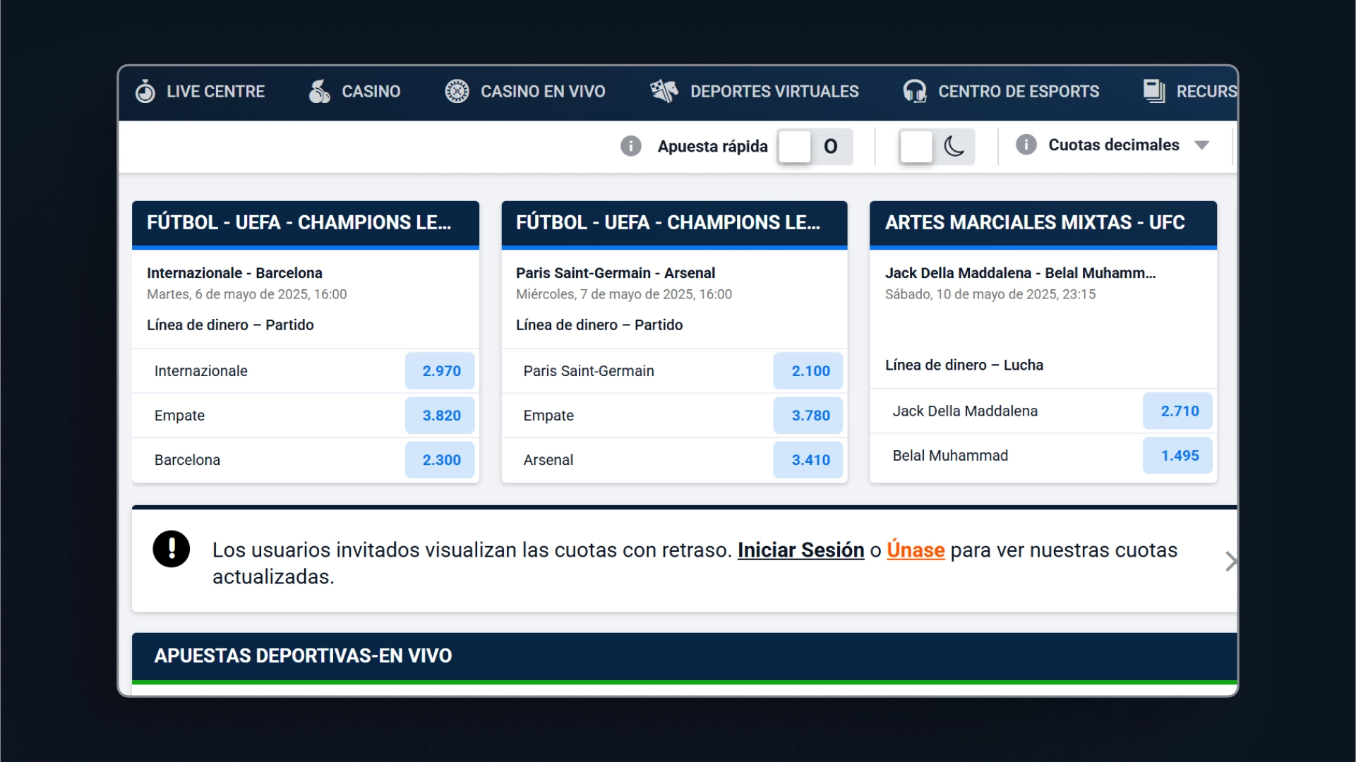 captura de pantalla Deportes Pinnacle