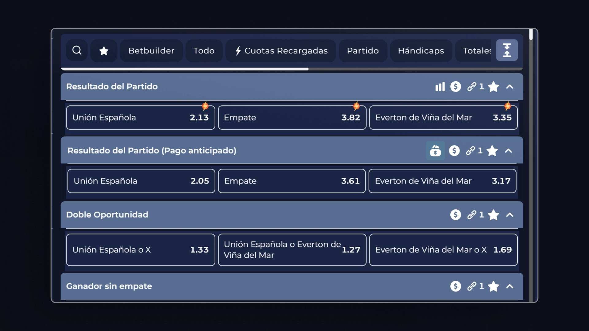 captura de pantalla Mercados destacados Estelarbet