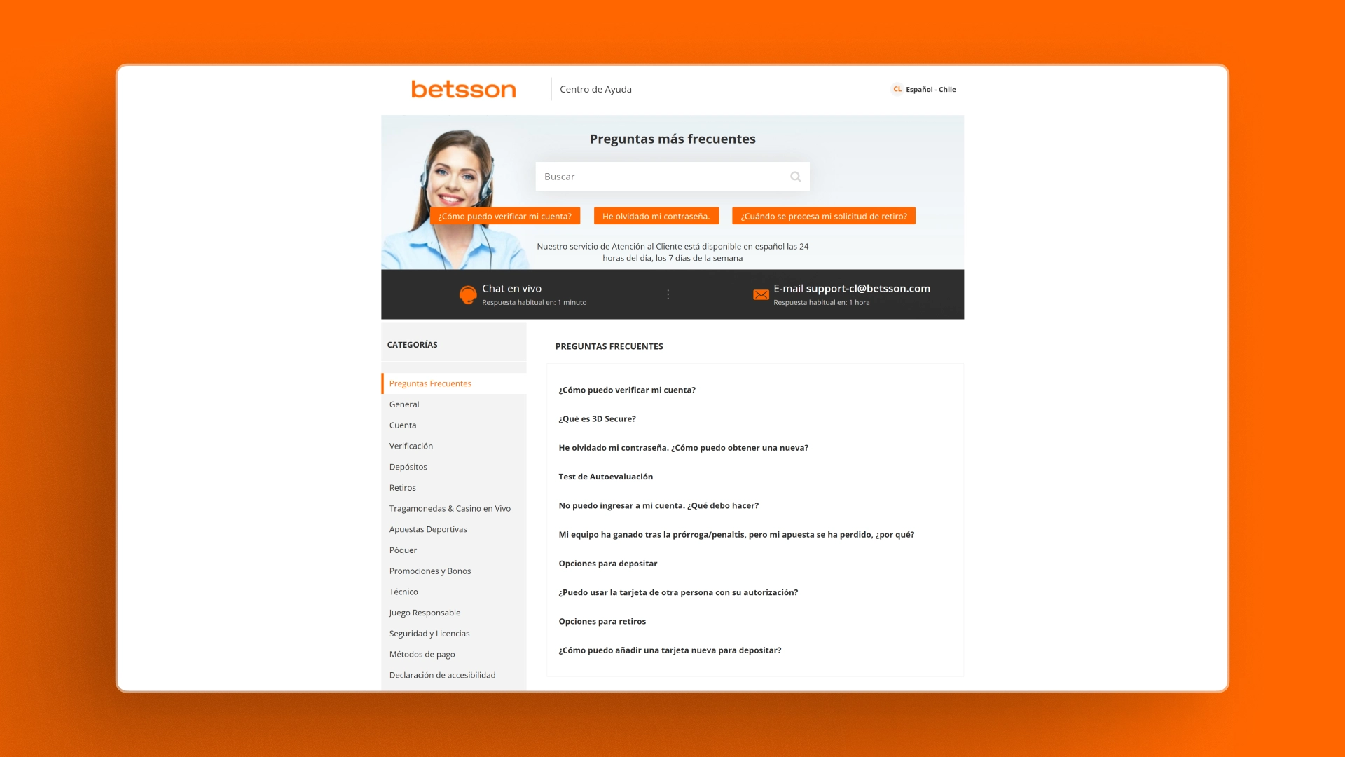 captura de pantalla Atención al cliente betsson