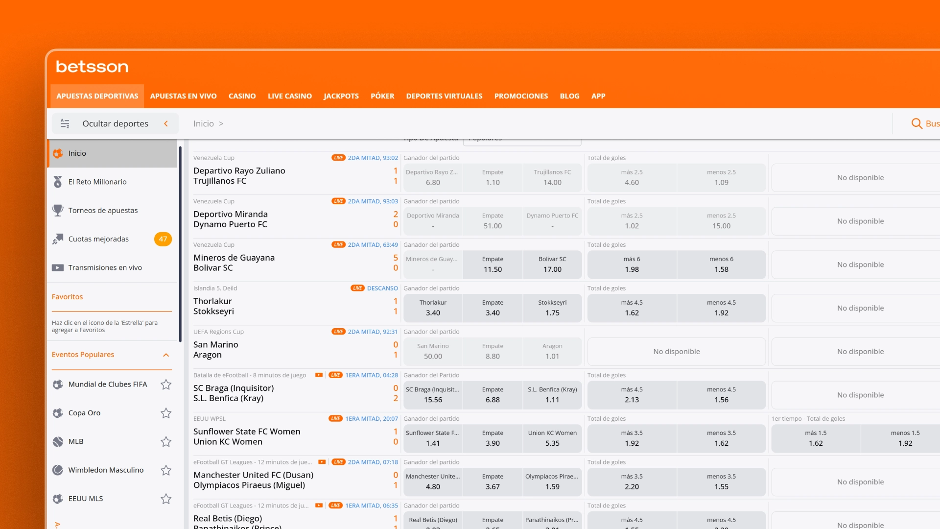 captura de pantalla Cuotas betsson