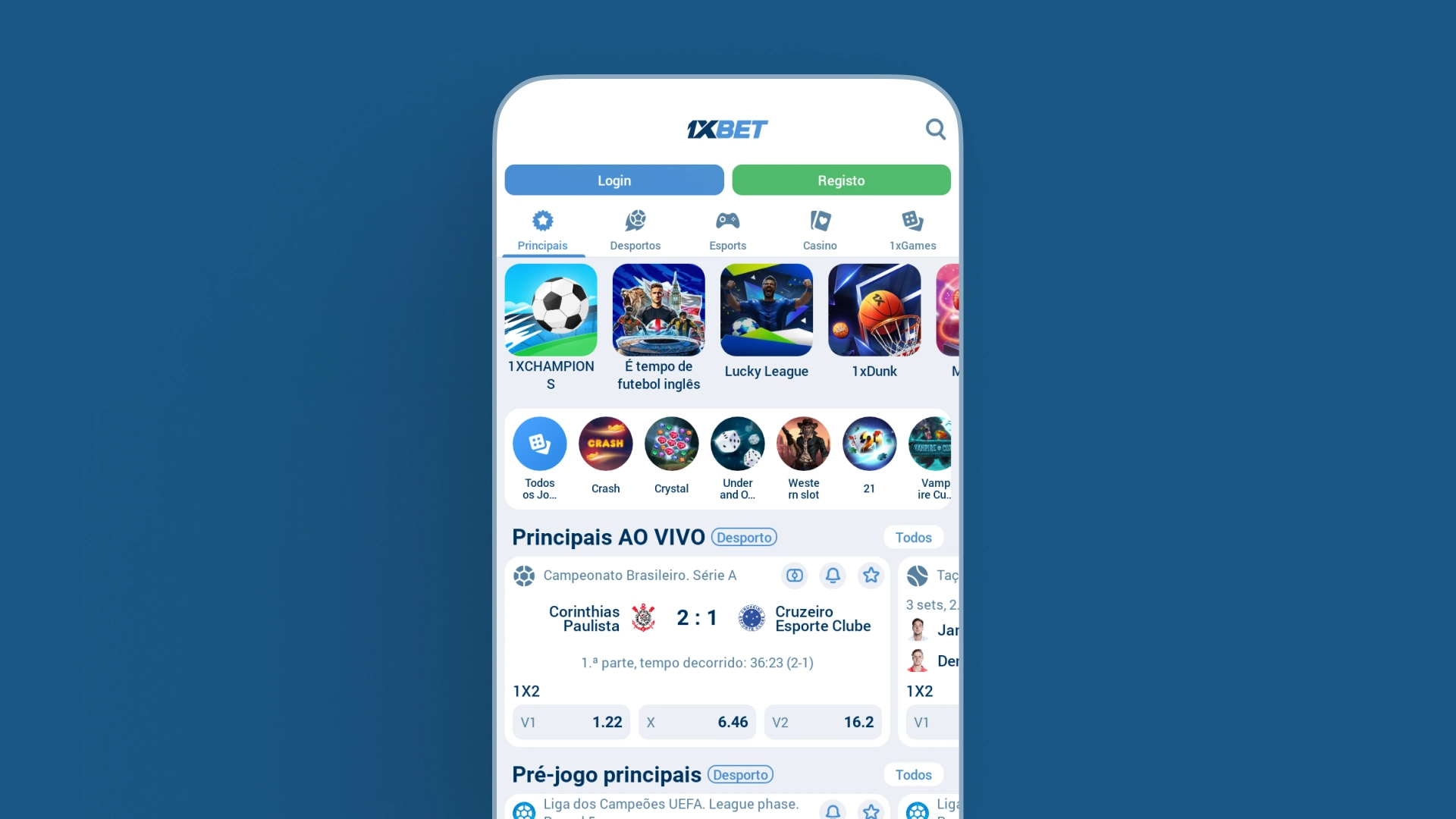 captura de pantalla app home 1xBet