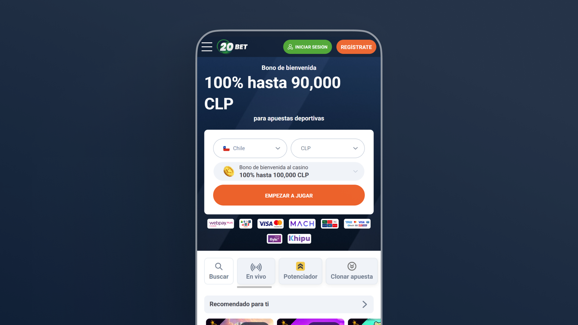 captura de pantalla app home 20Bet