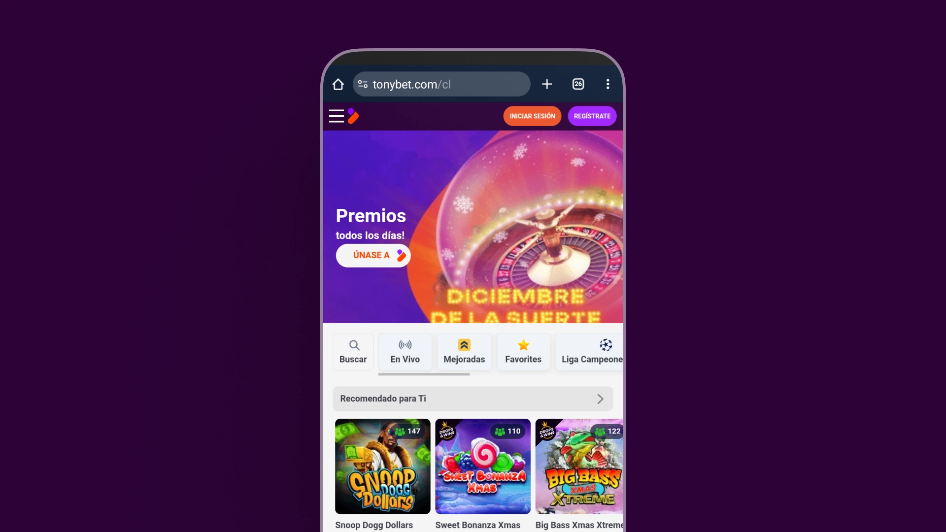 captura de pantalla app home TonyBet