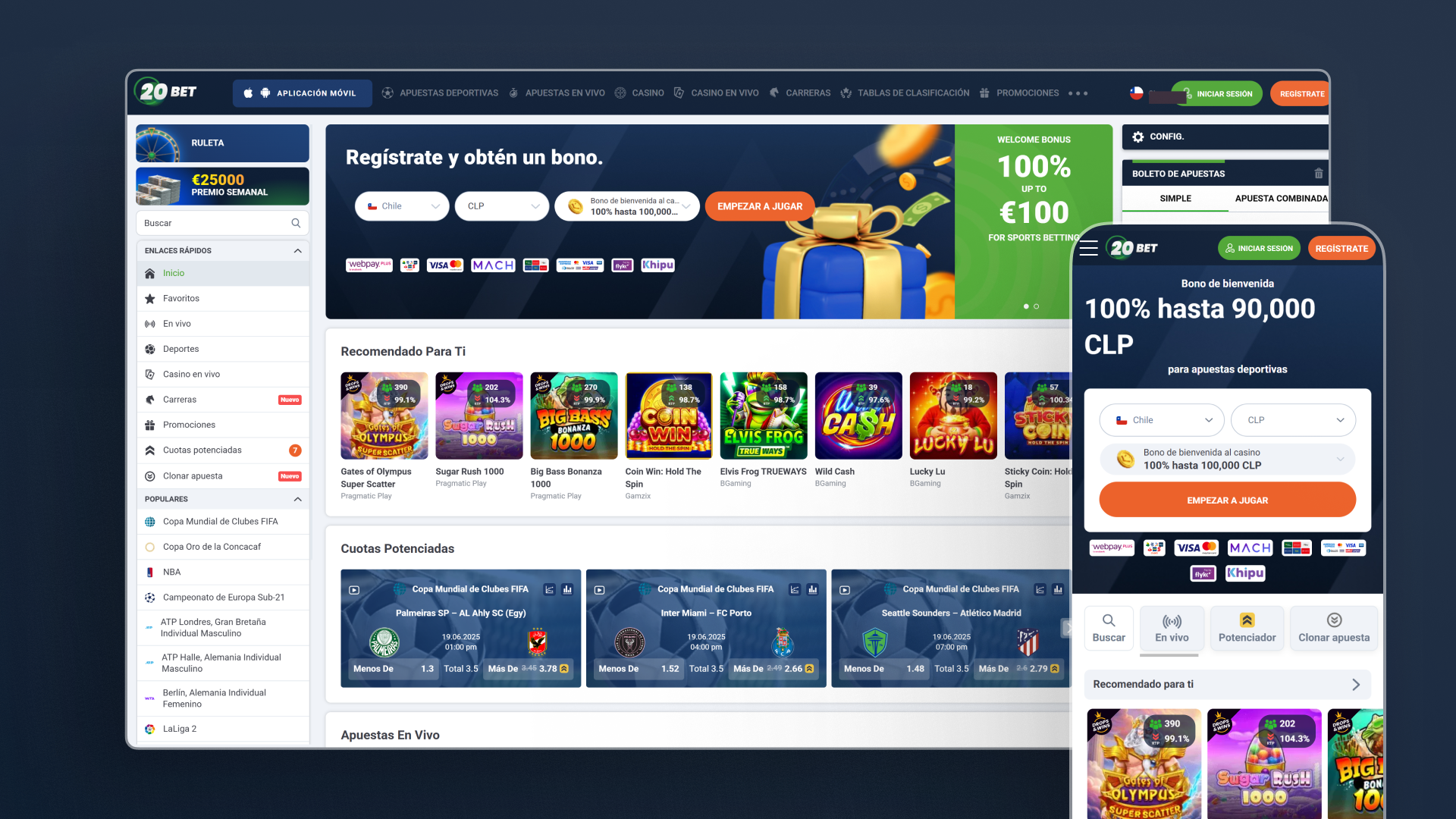 captura de pantalla comparativa app sitio web 20Bet