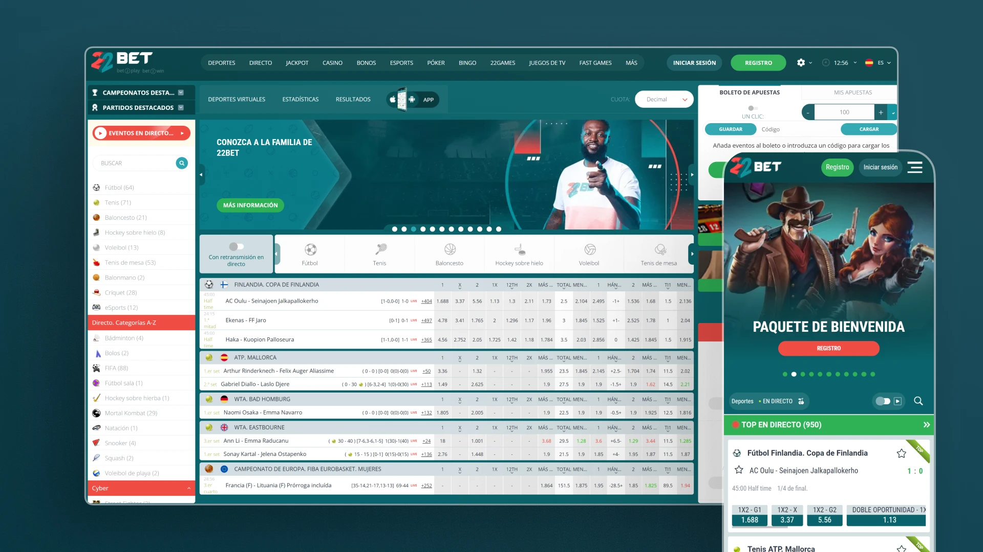 captura de pantalla comparativa app sitio web 22Bet