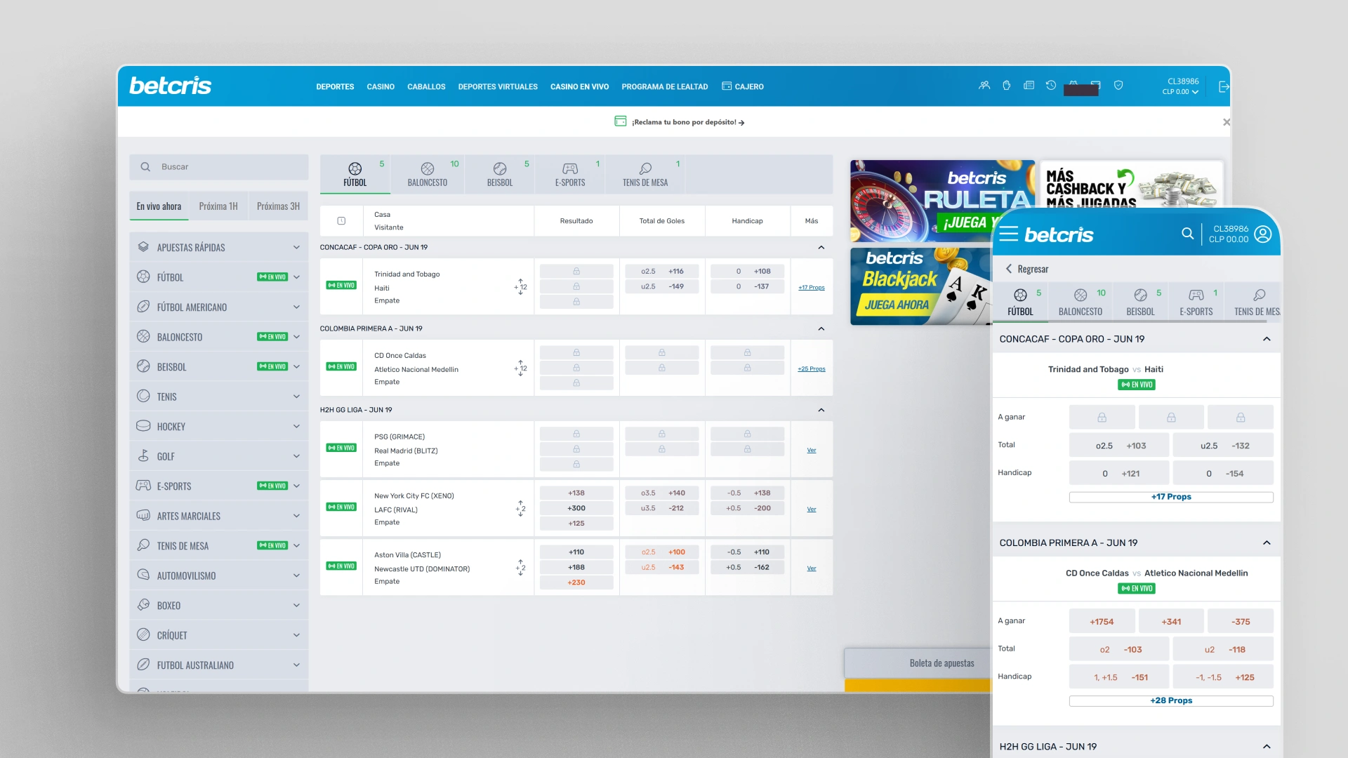 captura de pantalla comparativa app sitio web Betcris