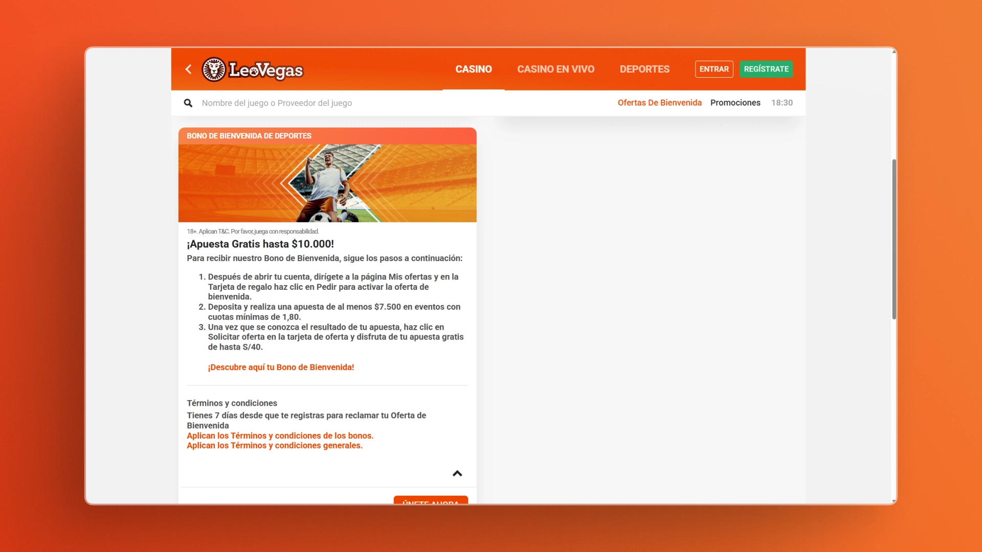 captura de pantalla Bono de registro leovegas