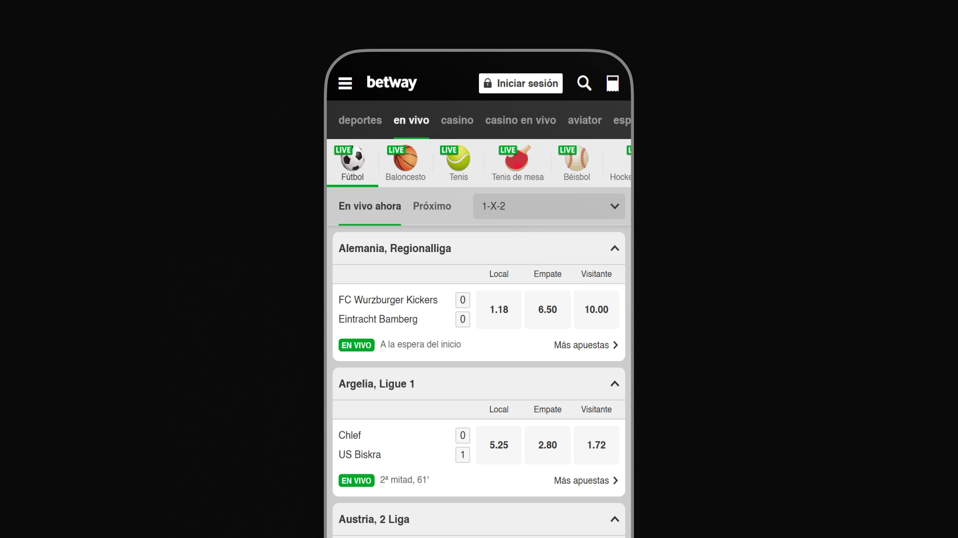 captura de pantalla app Betway