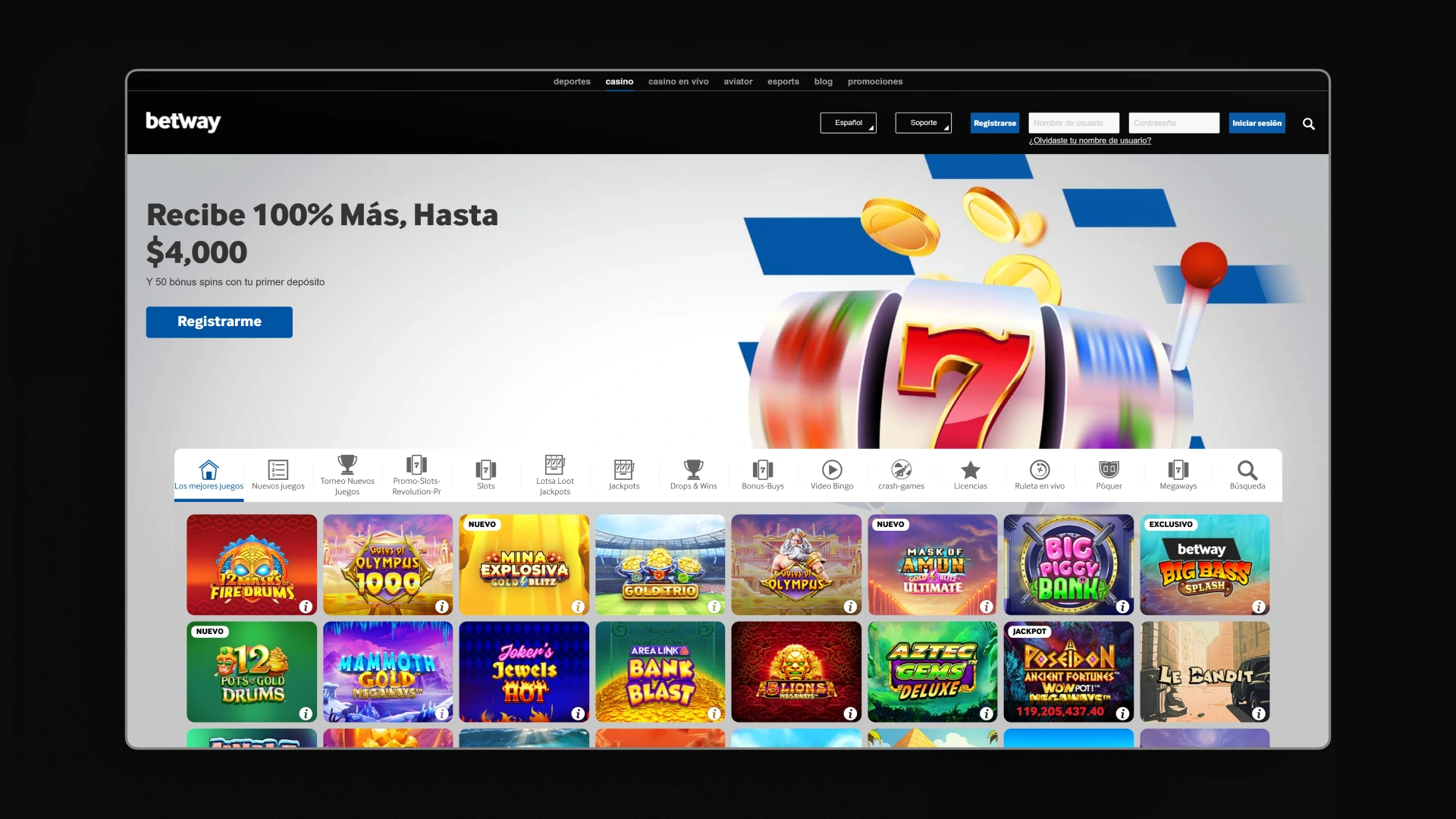 captura de pantalla casino Betway