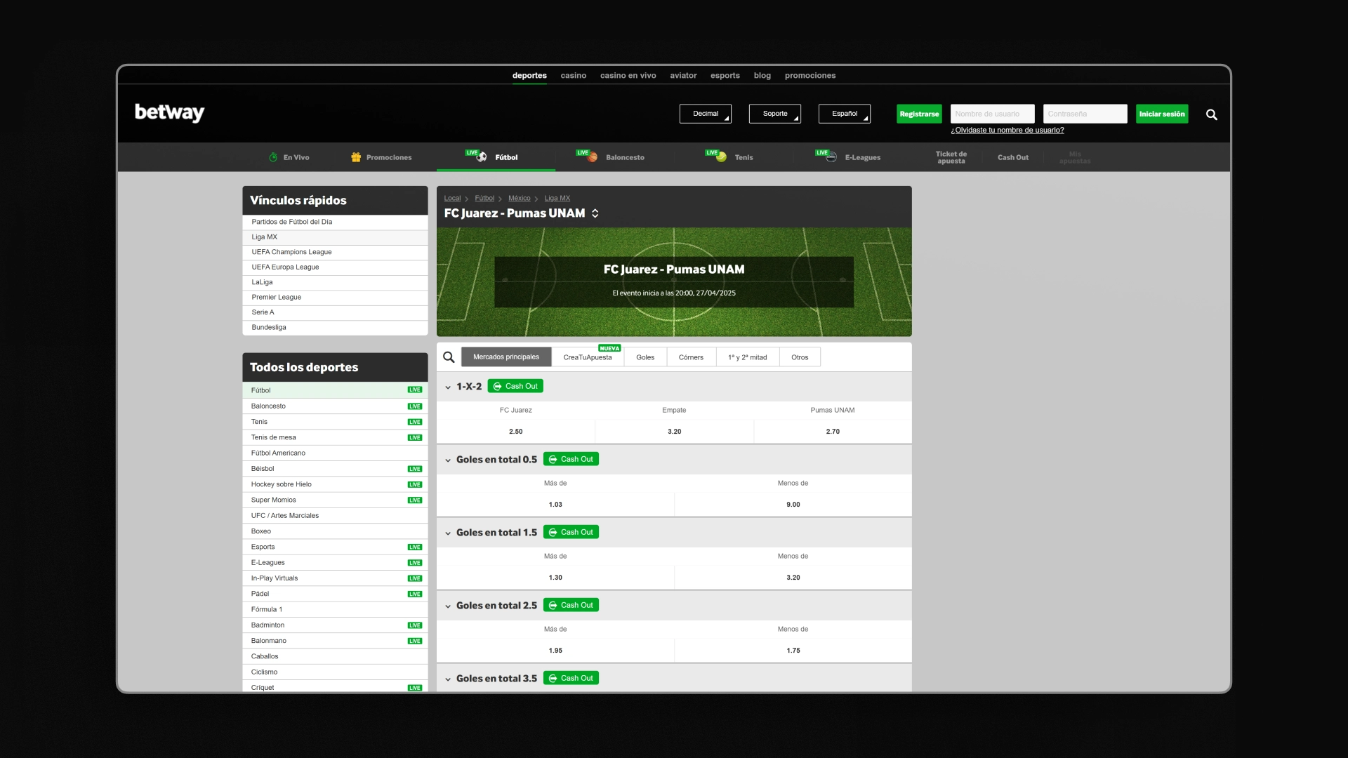 captura de pantalla mercados Betway