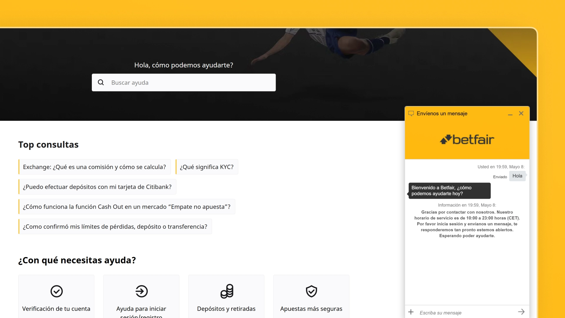 captura de pantalla Atención al cliente betfair