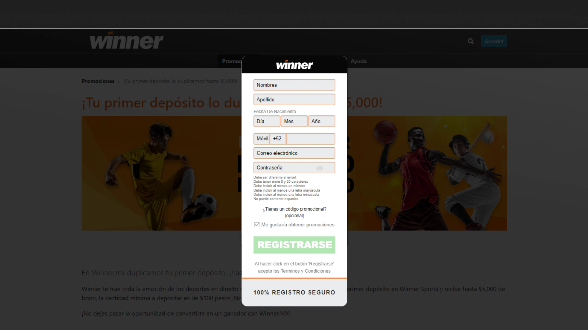 captura de pantalla Cómo registrarse winner mx