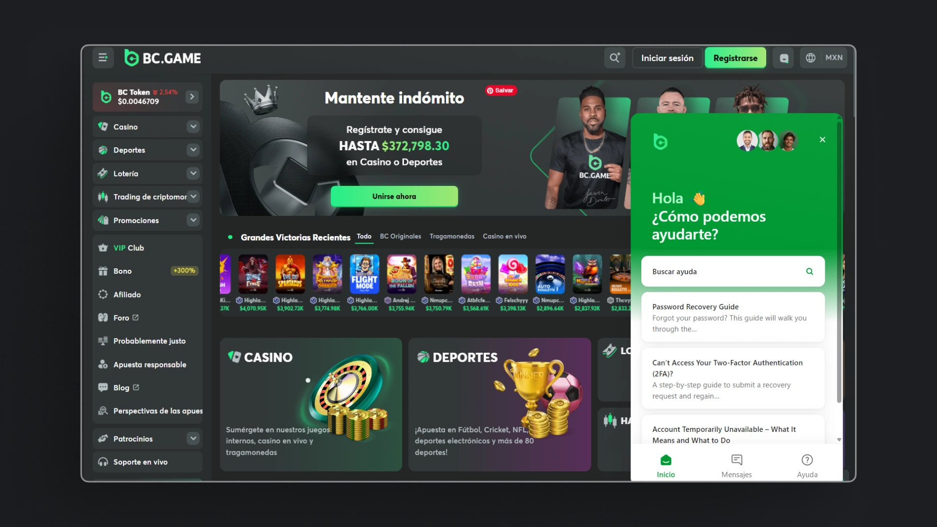 captura de pantalla Atención al cliente bcgame