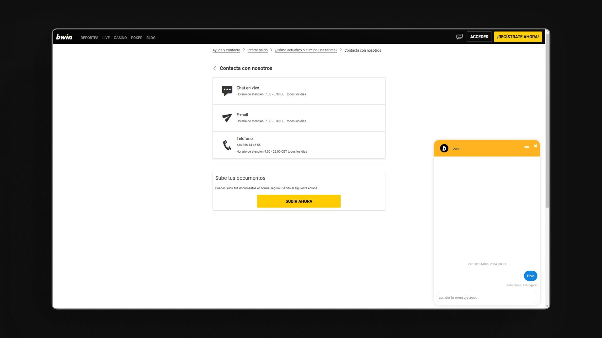 captura de pantalla Atención al cliente bwin apuestas