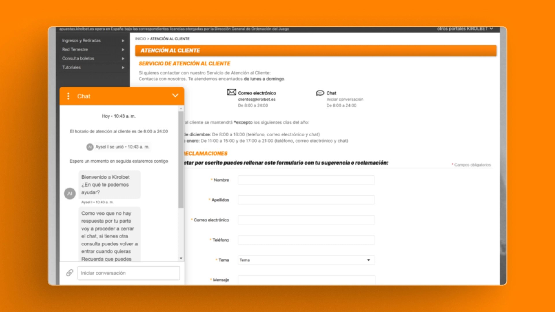 captura de pantalla Atención al cliente kirol bet
