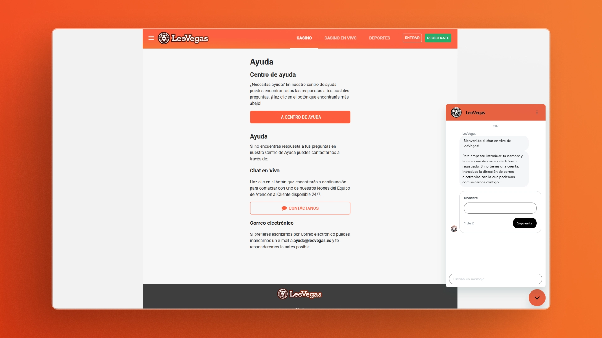 captura de pantalla Atención al cliente leovegas