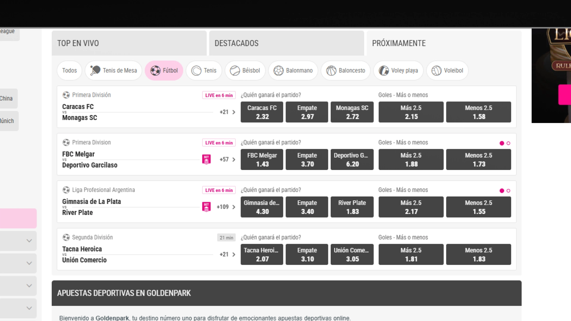 captura de pantalla Cuotas goldenpark