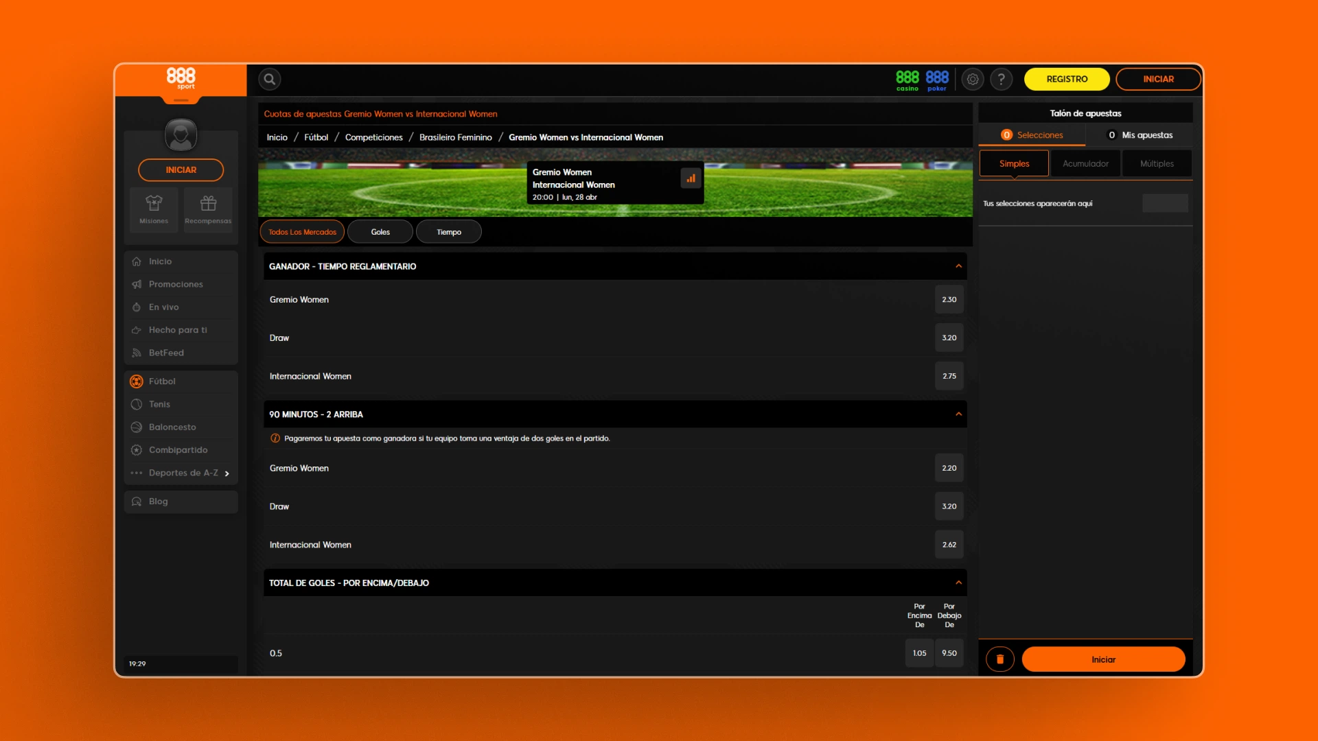 captura de pantalla mercados 888sport