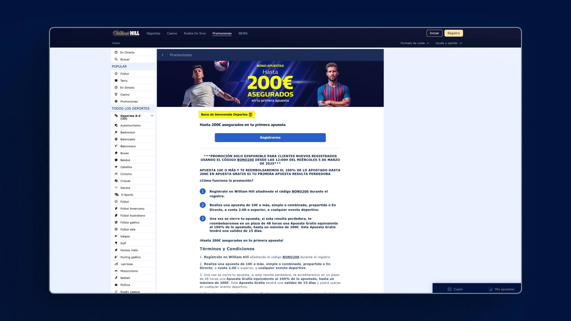 captura de pantalla Cómo activar el bono WilliamHill