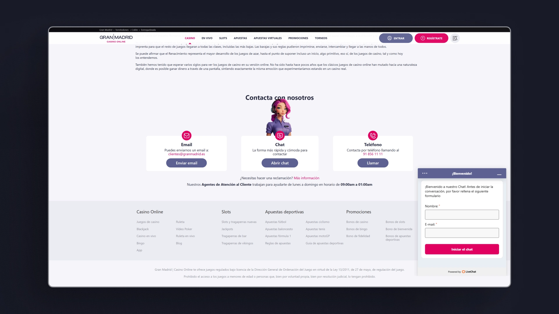 captura de pantalla Atención al cliente Casino Gran Madrid