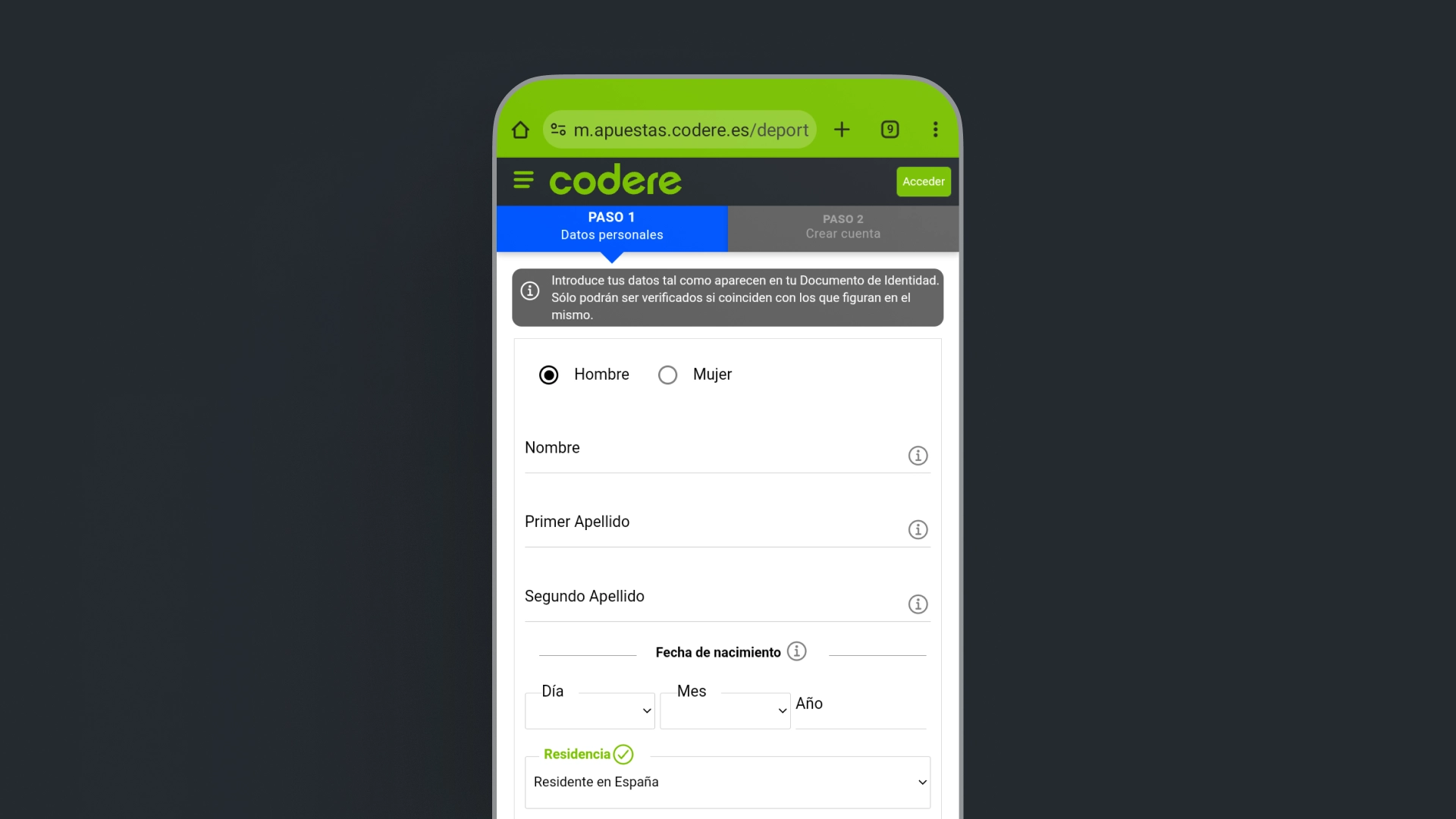 imagen Cómo registrarse movil Codere