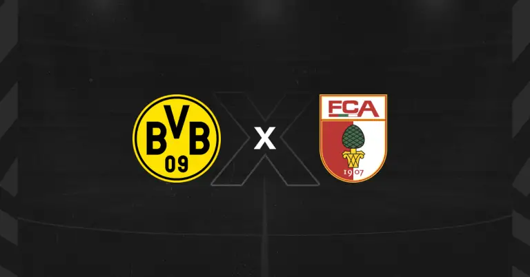 Escudos dos times do Borussia Dortmund e Augsburg, adversários na Bundesliga 2024/2025