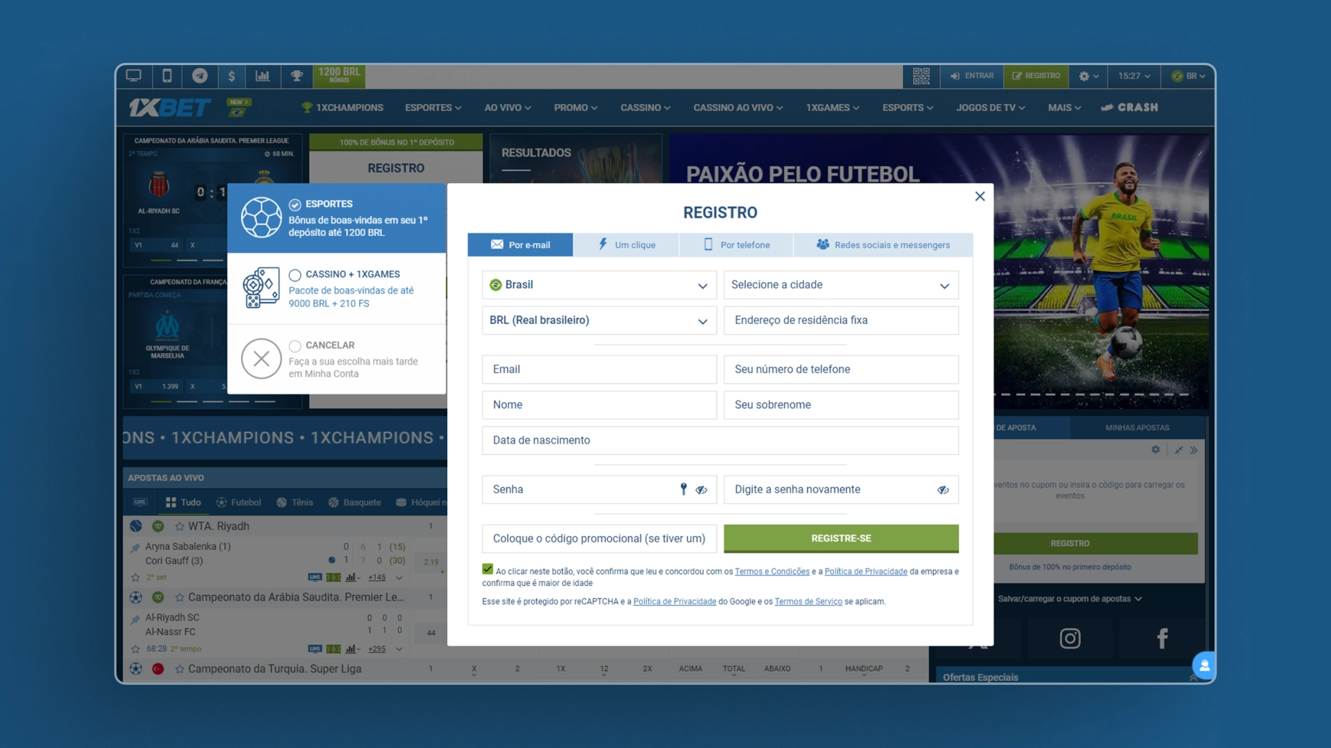 screenshot cadastro 1xbet