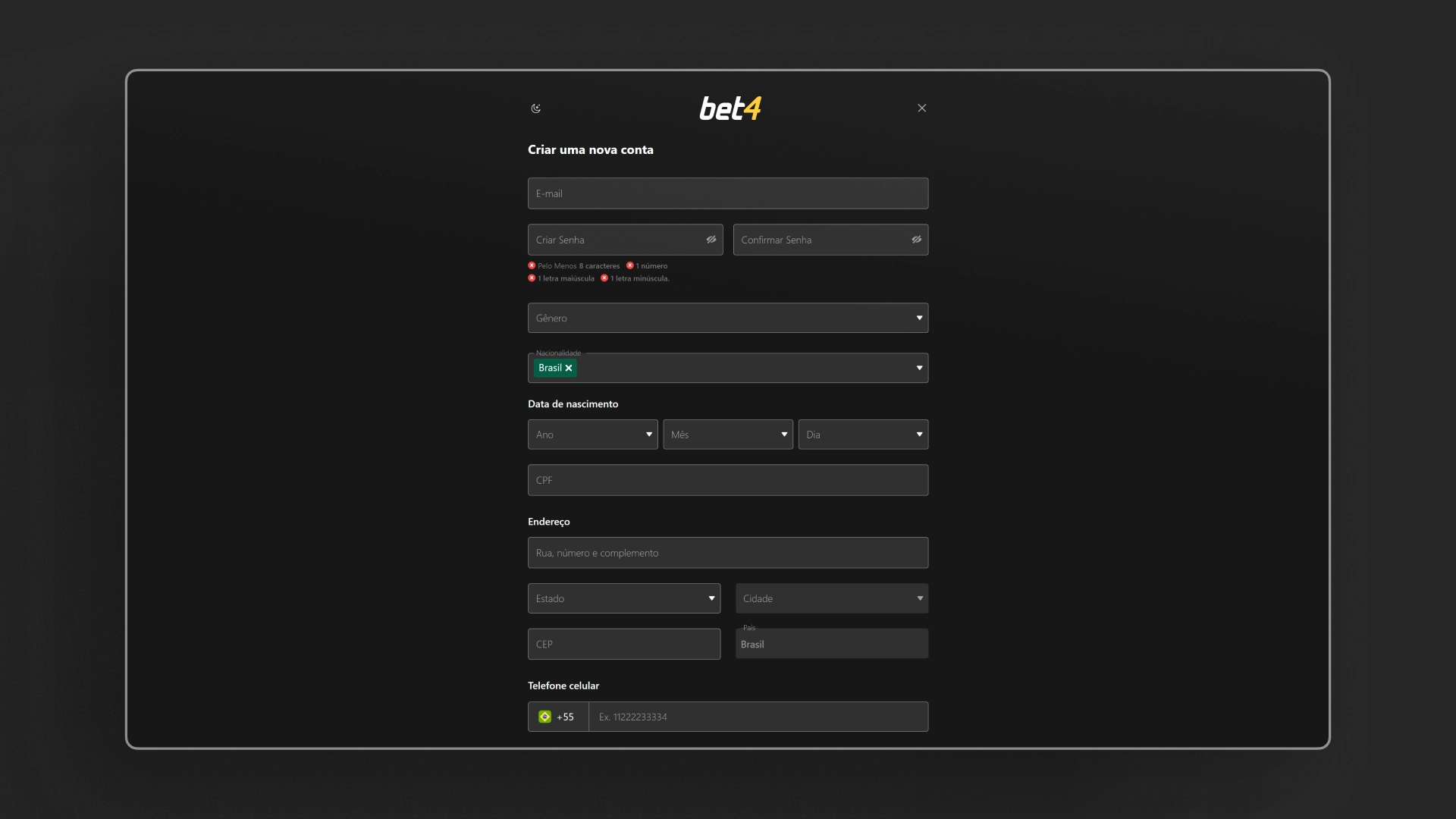 screenshot cadastro Bet4