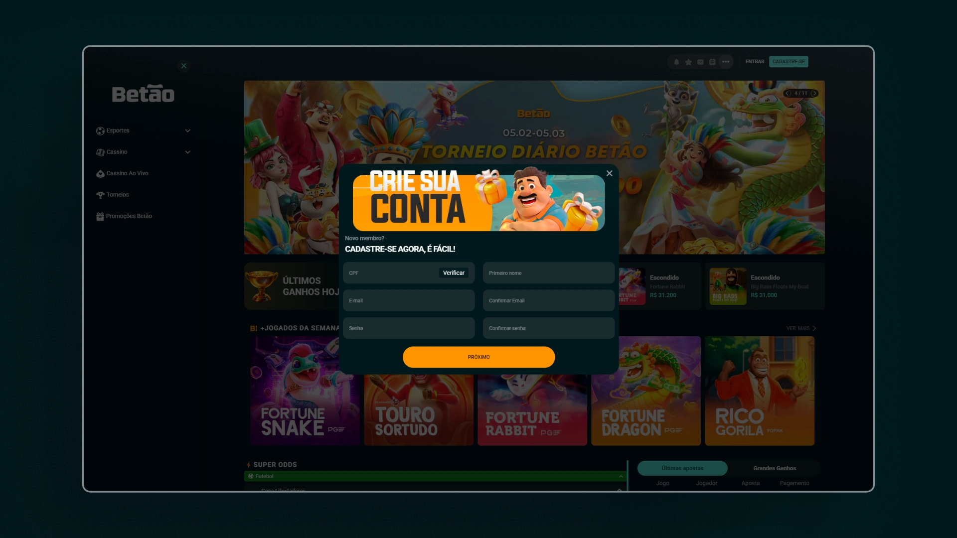 screenshot cadastro Betão