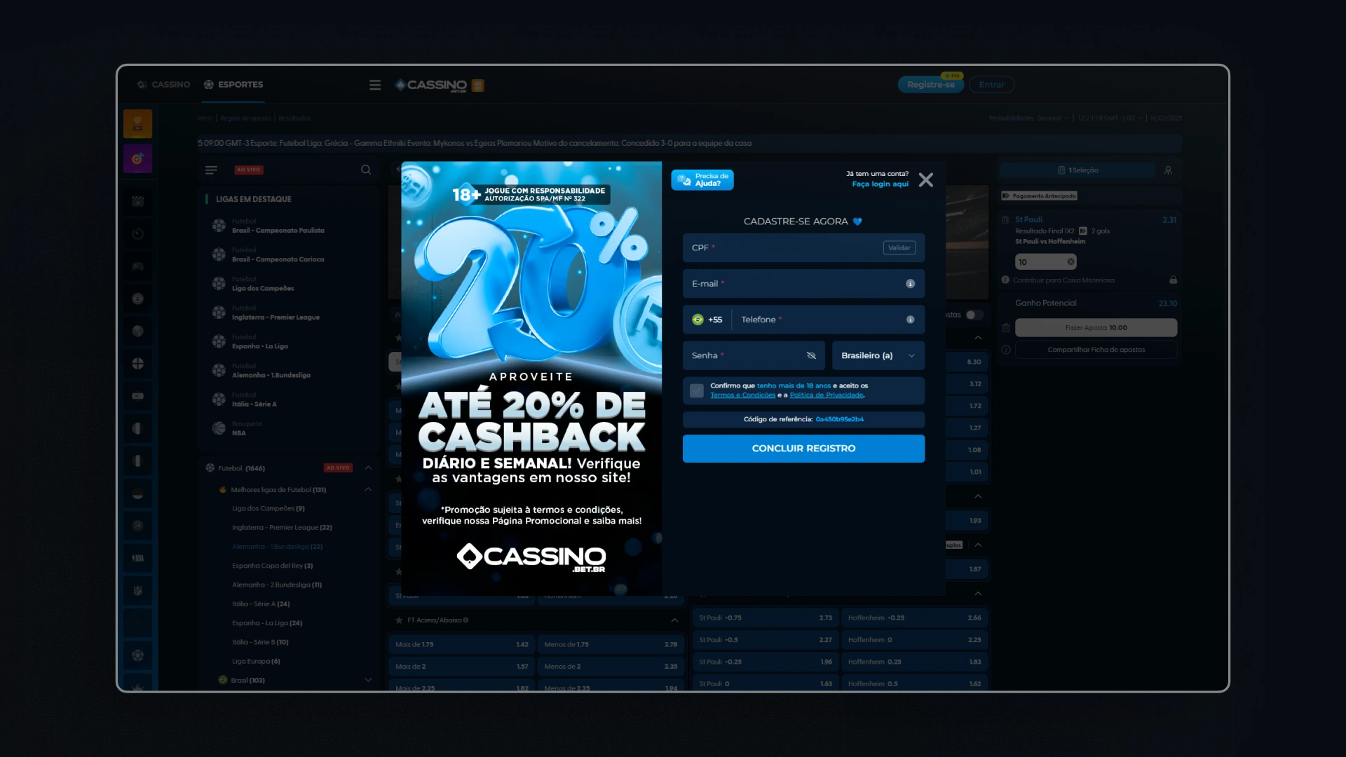 screenshot cadastro Cassino Bet