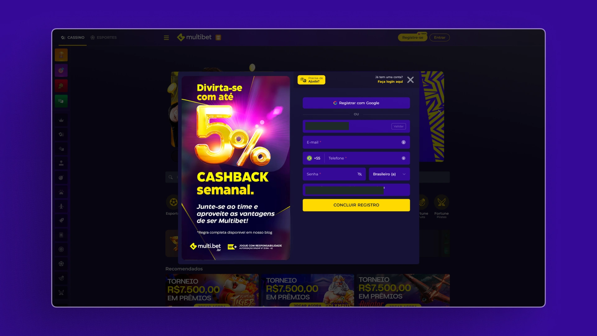 screenshot cadastro MultiBet