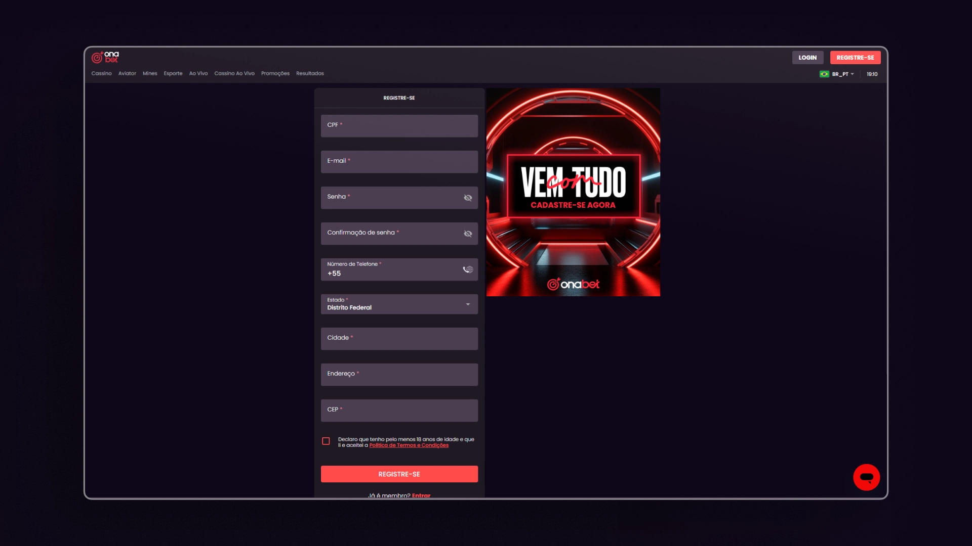 screenshot cadastro Onabet