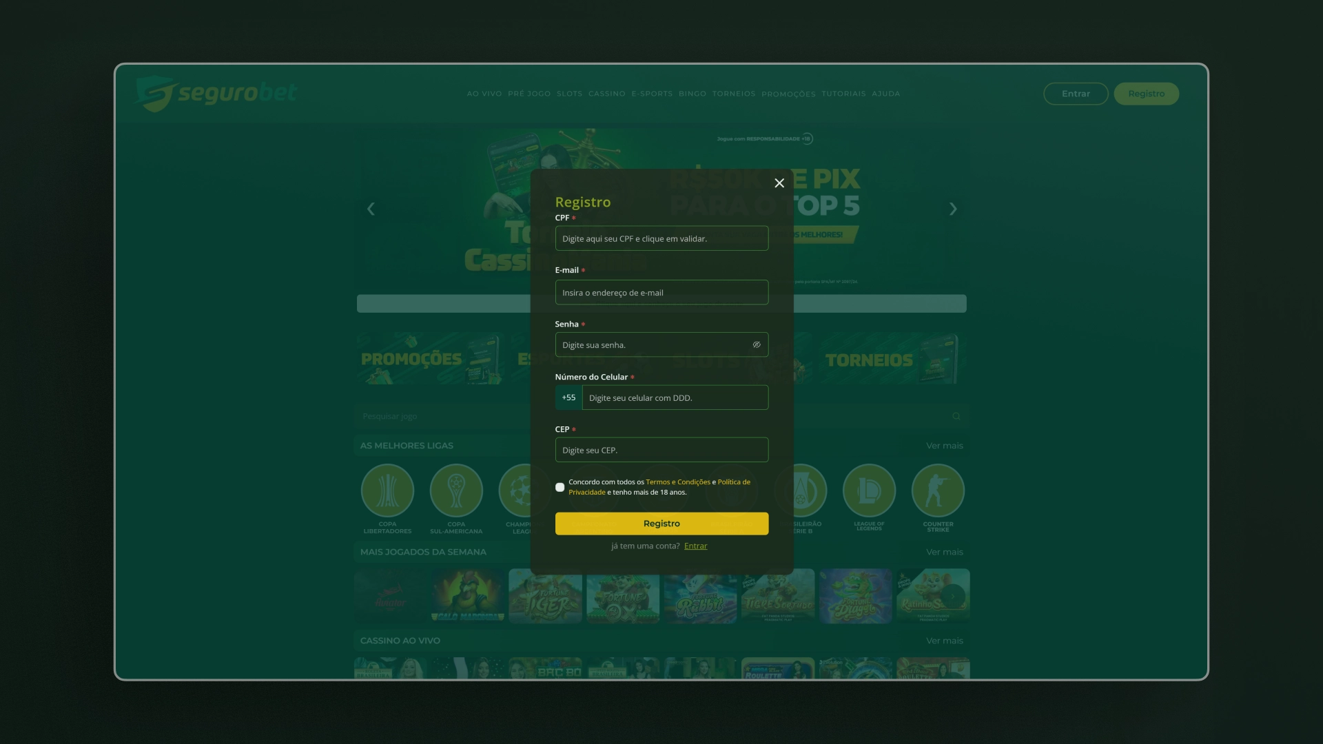 screenshot cadastro SeguroBet
