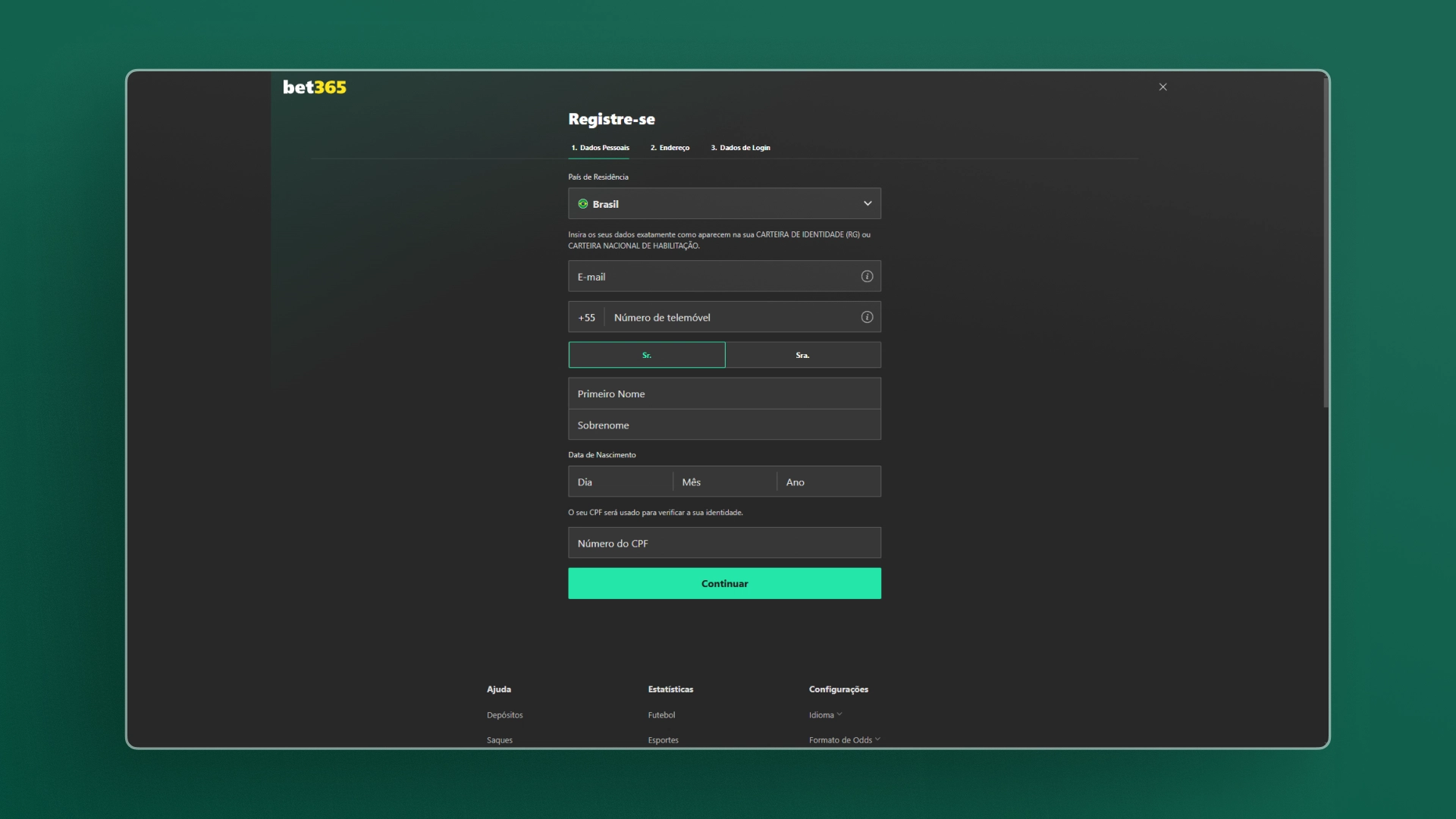 screenshot cadastro bet365