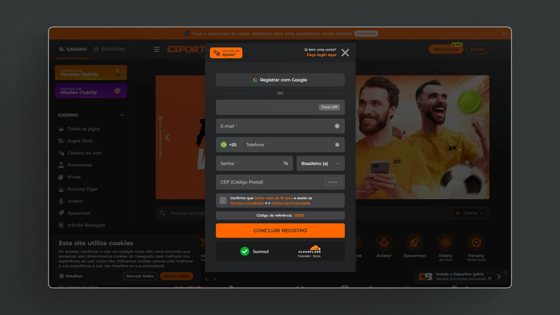 screenshot cadastro esportivabet