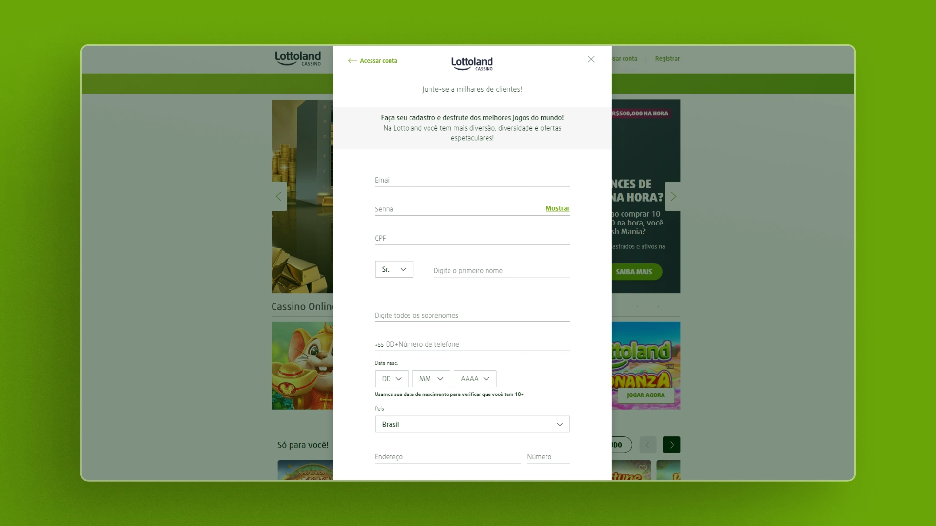 screenshot cadastro lottoland