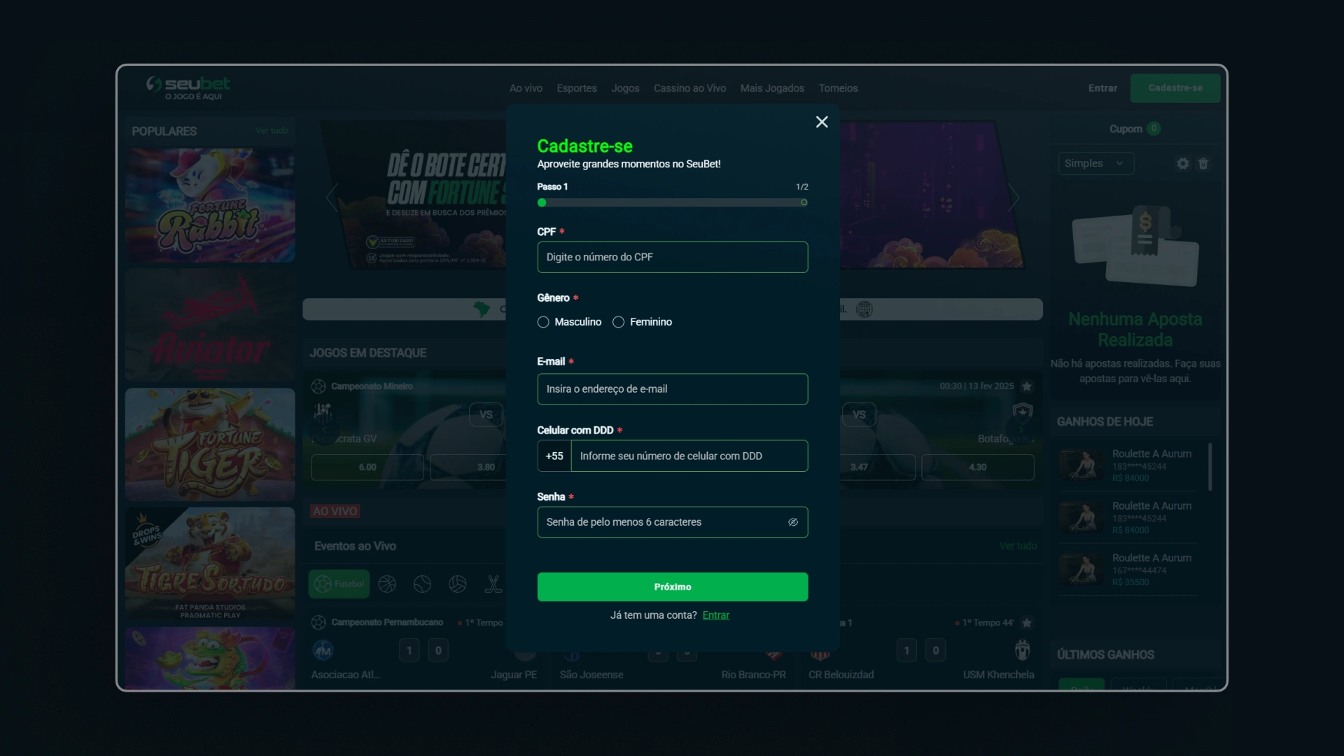 screenshot cadastro seubet